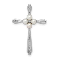Sterling Silver Rhod Plated Diamond FW Cultured Pearl Cross Pendant view 1