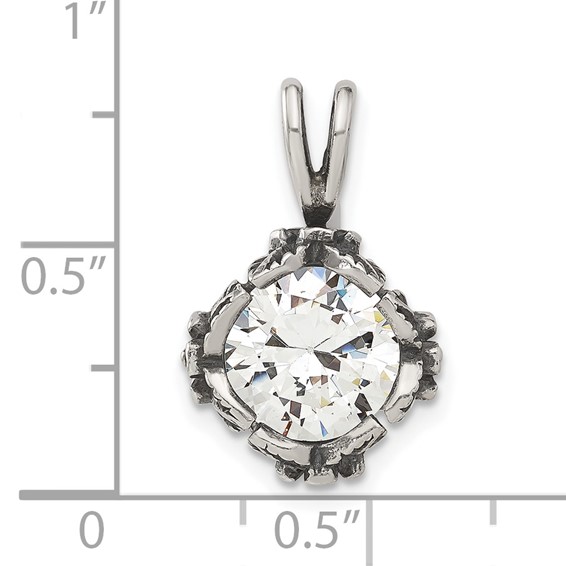 Sterling Silver Antiqued CZ Flower Design Sides Pendant