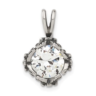 Sterling Silver Antiqued CZ Flower Design Sides Pendant