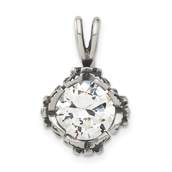 Sterling Silver Antiqued CZ Flower Design Sides Pendant