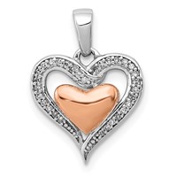 Sterling Silver Rhodium & 14K Rose Gold Diamond Heart Pendant view 1