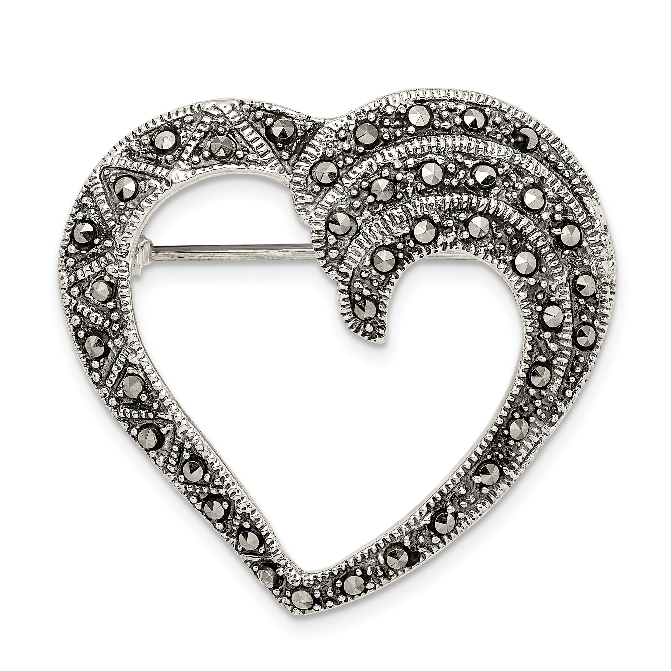 Sterling Silver Marcasite Open Heart Pin Brooch (QP332)