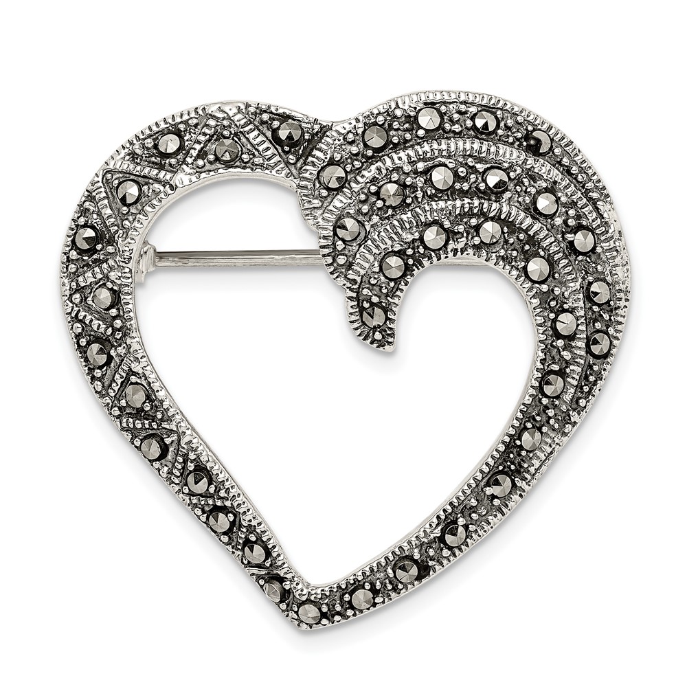 Sterling Silver Marcasite Open Heart Pin Brooch (QP332)
