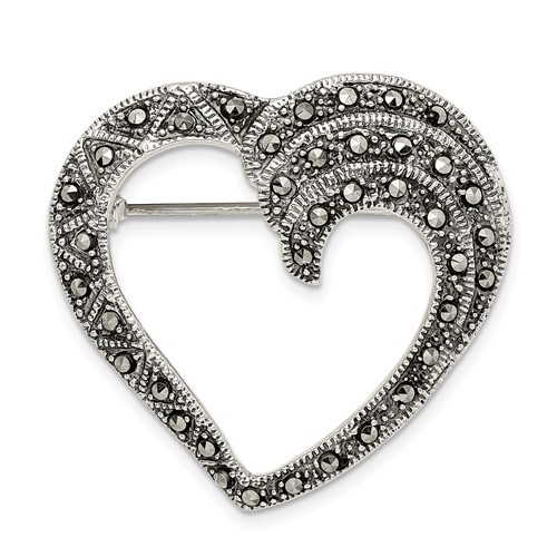 Sterling Silver Marcasite Open Heart Brooch Pin