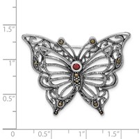 Sterling Silver Rhodium-plated Marcasite Red CZ Butterfly Pin Brooch Pin view 3