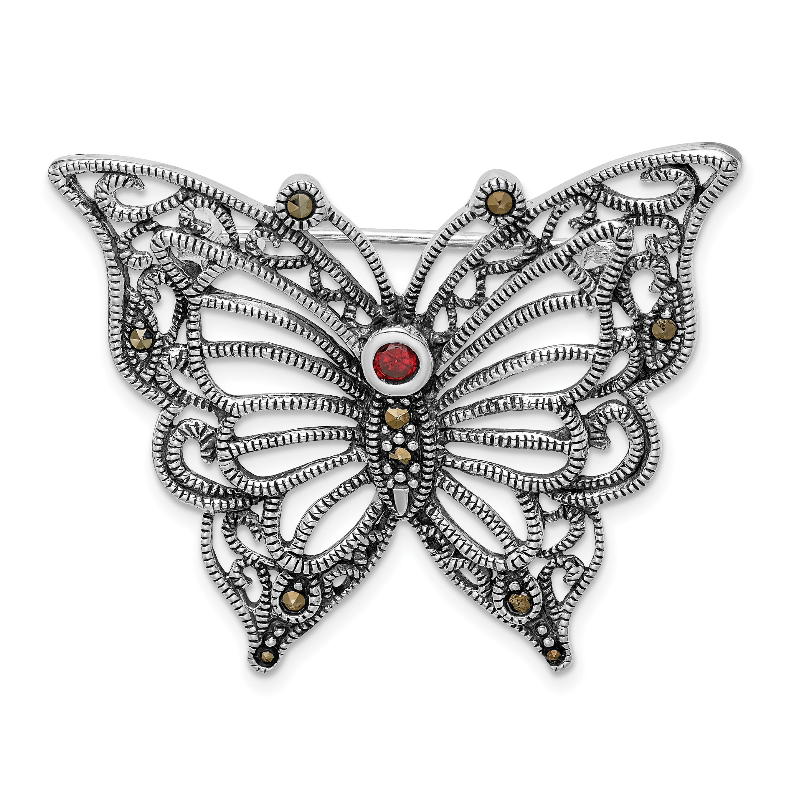 Sterling Silver Rhodium-plated Marcasite Red CZ Butterfly Pin Brooch (QP348)