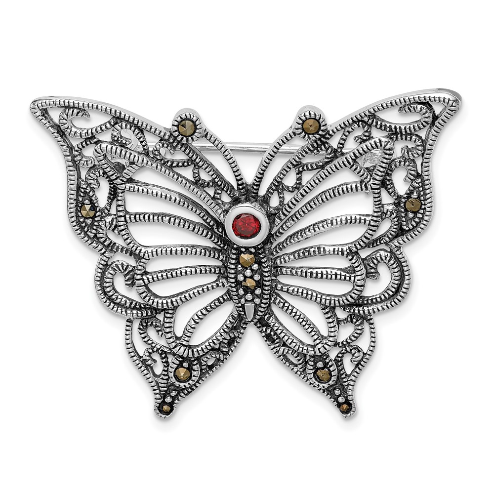 Sterling Silver Rhodium-plated Marcasite Red CZ Butterfly Pin Brooch (QP348)