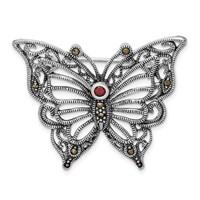 Sterling Silver Rhodium-plated Marcasite Red CZ Butterfly Pin Brooch Pin view 1