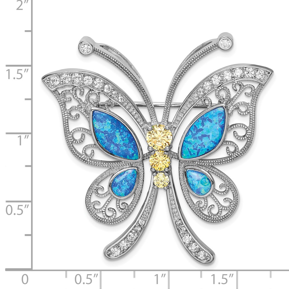 Sterling Silver Rhodium-plated Created Opal CZ Butterfly Pin/Chain Slide (QP353)