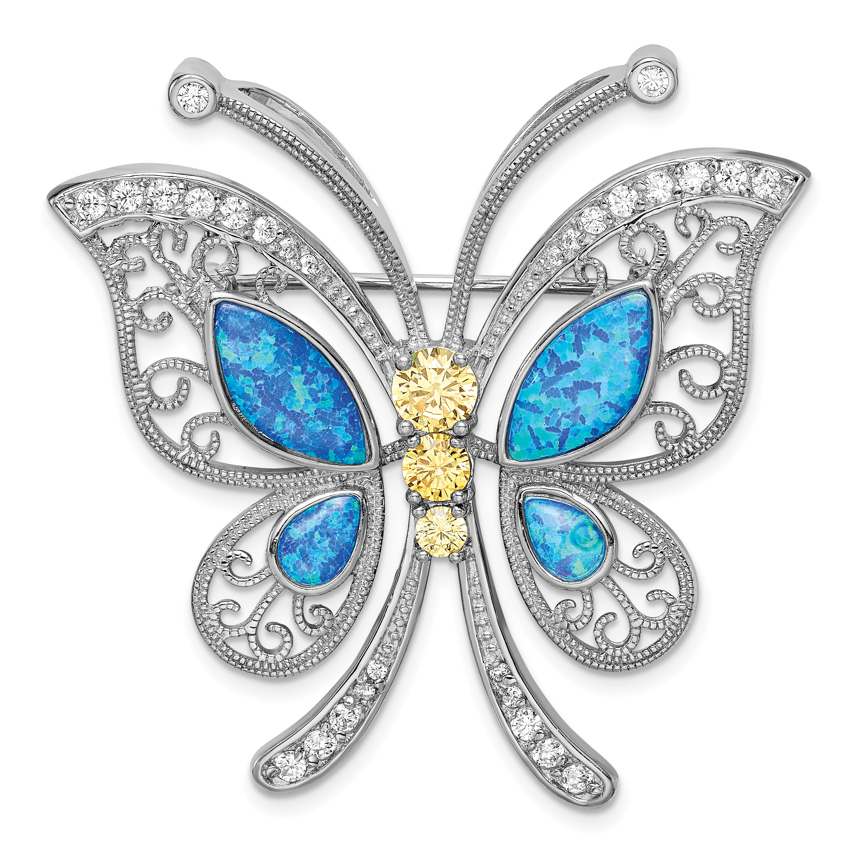 Sterling Silver Rhodium-plated Created Opal CZ Butterfly Pin/Chain Slide (QP353)