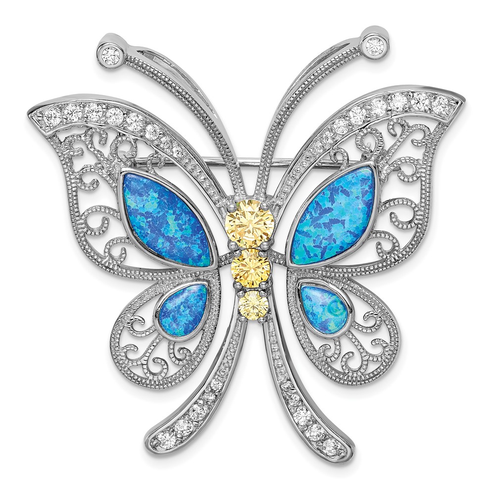 Sterling Silver Rhodium-plated Created Opal CZ Butterfly Pin/Chain Slide (QP353)