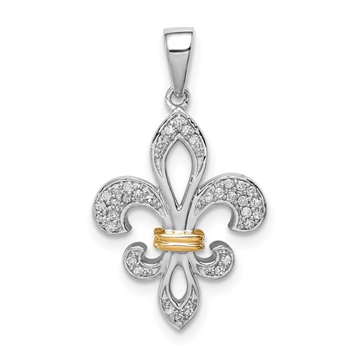 Sterling Silver Rhod-Plated Pendant with 14K Diamond Fleur De Lis