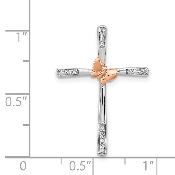 Sterling Silver Rh-pltd/14k Rose Gold Butterfly Diamond Cross Pendant