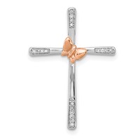 Sterling Silver Rh-pltd 14K Rose Gold Butterfly Diamond Cross Pendant view 1