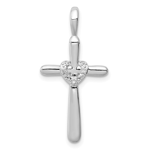 Sterling Silver Rhodium & Diam. Cross Pendant with Heart