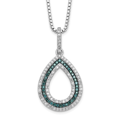 White Night Sterling Silver Rhodium-plated Blue and White Diamond Teardrop Necklace with 2 Inch Extender, 18"