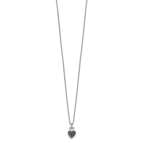 White Night Sterling Silver Rhodium-plated White and Black Diamond Heart 18 Inch Necklace with 2 Inch Extender