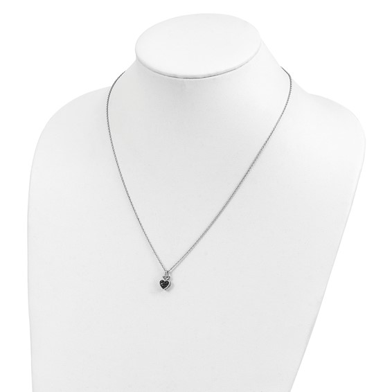 White Night Sterling Silver Rhodium-plated White and Black Diamond Heart 18 Inch Necklace with 2 Inch Extender