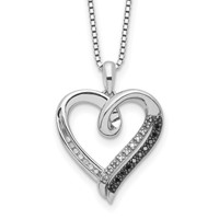 White Night Sterling Silver Rhodium-plated Black and White Diamond Heart Necklace with 2 Inch Extender, 18" view 1