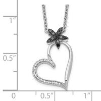 White Night Sterling Silver Rhodium-plated Black and White Diamond Heart with Flower Necklace with 2 Inch Extender, 18" view 3
