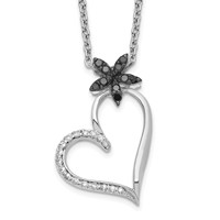 White Night Sterling Silver Rhodium-plated Black and White Diamond Heart with Flower Necklace with 2 Inch Extender, 18" view 1