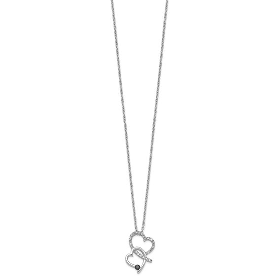 White Night Sterling Silver Rhodium-plated Black and White Diamond Double Heart 18 Inch Necklace with 2 Inch Extender