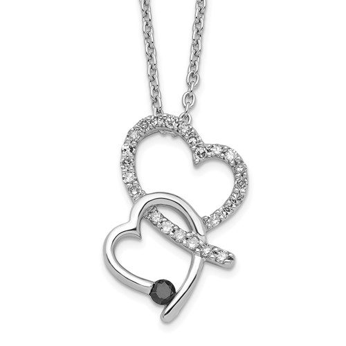 White Night Sterling Silver Rhodium-plated Black and White Diamond Double Heart Necklace with 2 Inch Extender, 18"