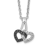 White Night Sterling Silver Rhodium-plated Black and White Diamond Double Heart Necklace with 2 Inch Extender, 18" view 1