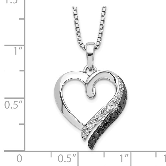 White Night Sterling Silver Rhodium-plated Black and White Diamond Heart Necklace with 2 Inch Extender