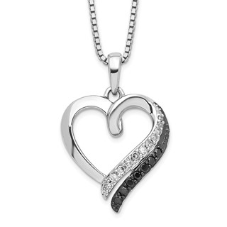 White Night Sterling Silver Rhodium-plated Black and White Diamond Heart Necklace with 2 Inch Extender
