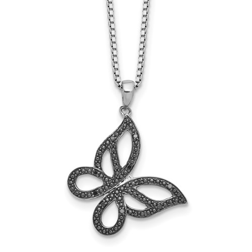 White Night Sterling Silver Rhodium-plated Black Diamond Butterfly Necklace with 2 Inch Extender, 18"