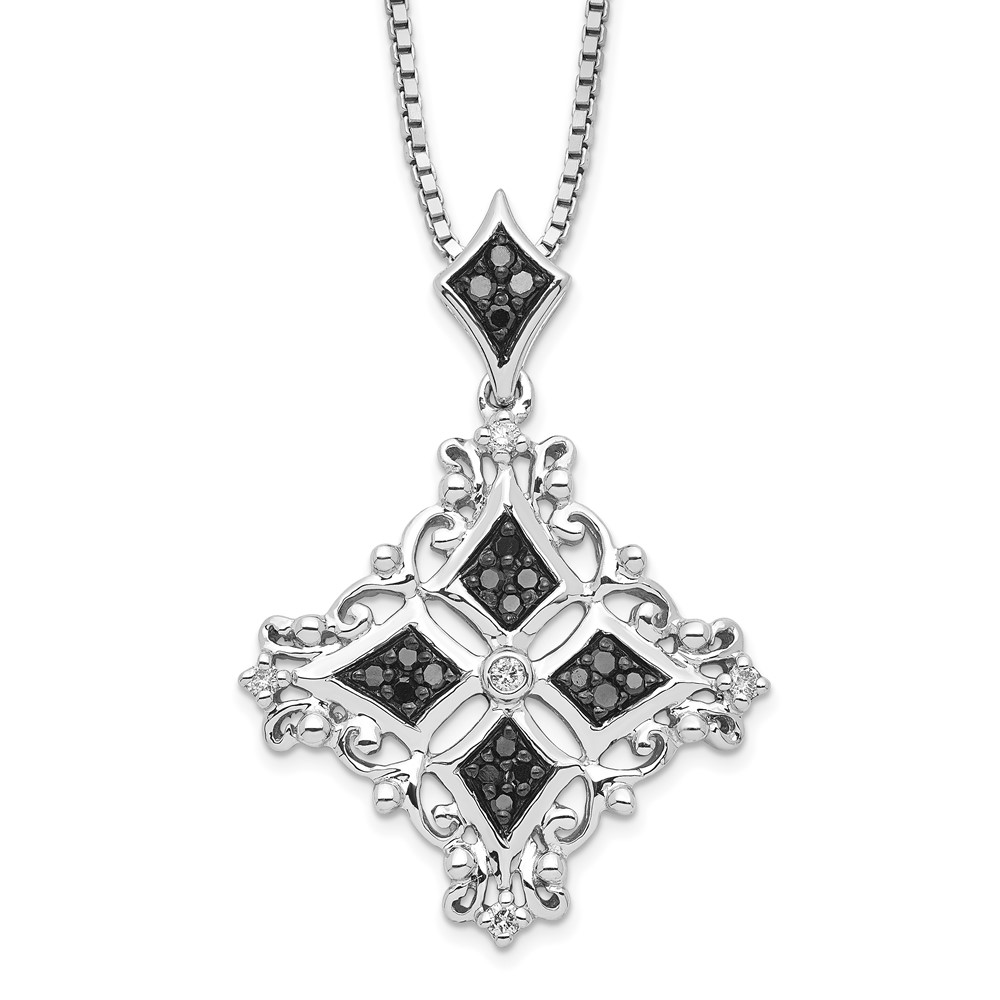 White Night Sterling Silver Rhodium-plated Black and White Diamond Necklace with 2 Inch Extender, 18"