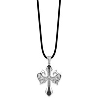 White Night Sterling Silver Rhodium-plated Black Diamond Cross and Wings Pendant Rubber Cord Necklace, 18" view 2