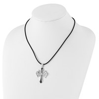 White Night Sterling Silver Rhodium-plated Black Diamond Cross and Wings Pendant Rubber Cord Necklace, 18" view 4