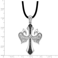 White Night Sterling Silver Rhodium-plated Black Diamond Cross and Wings Pendant Rubber Cord Necklace, 18" view 3