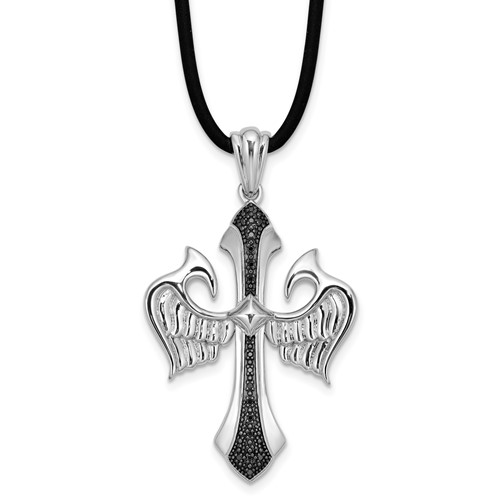 White Night Sterling Silver Rhodium-plated Black Diamond Cross and Wings Pendant Rubber Cord Necklace, 18"
