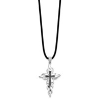 White Night Sterling Silver Rhodium-plated Black Diamond Cross Rubber Cord Necklace, 18" view 2