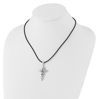 White Night Sterling Silver Rhodium-plated Black Diamond Cross Rubber Cord Necklace, 18" view 4