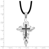 White Night Sterling Silver Rhodium-plated Black Diamond Cross Rubber Cord Necklace, 18" view 3