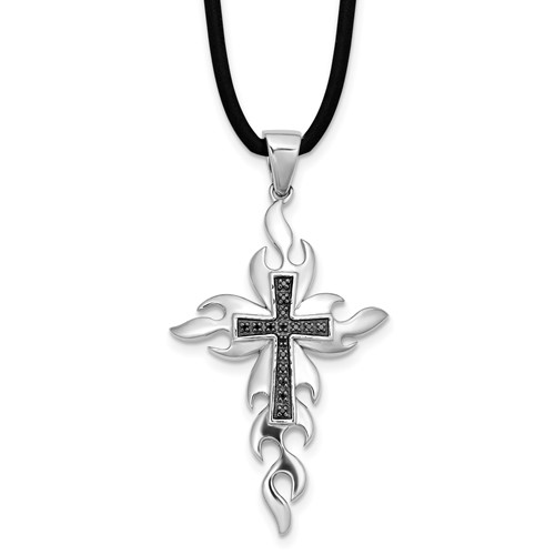 White Night Sterling Silver Rhodium-plated Black Diamond Cross Rubber Cord Necklace, 18"
