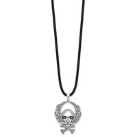 White Night Sterling Silver Rhodium-plated Black and White Diamond Skull Rubber Cord Necklace, 18" view 2