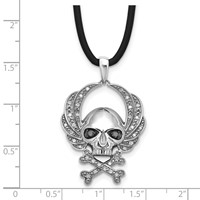 White Night Sterling Silver Rhodium-plated Black and White Diamond Skull Rubber Cord Necklace, 18" view 3