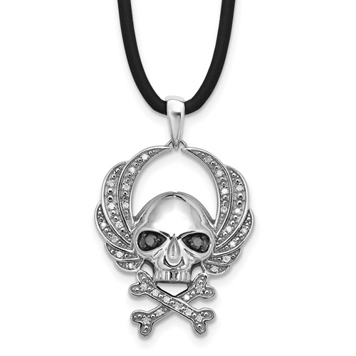 White Night Sterling Silver Rhodium-plated Black and White Diamond Skull Rubber Cord Necklace, 18"