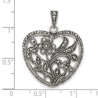 Sterling Silver Polished & Antiqued Marcasite Floral Heart Pendant view 3