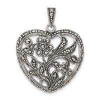 Sterling Silver Polished & Antiqued Marcasite Floral Heart Pendant view 1