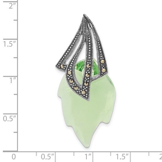 Sterling Silver Antiqued Marcasite & Green Crystal Leaf Pendant