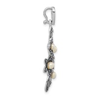 Sterling Silver Antiqued Marcasite & Freshwater Cultured Pearl Floral Slide Pendant view 2
