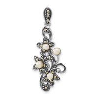 Sterling Silver Antiqued Marcasite & Freshwater Cultured Pearl Floral Slide Pendant view 1