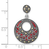 Sterling Silver Antiqued Marcasite & Red Epoxy Circle Slide Pendant view 3