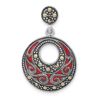 Sterling Silver Antiqued Marcasite & Red Epoxy Circle Slide Pendant view 1